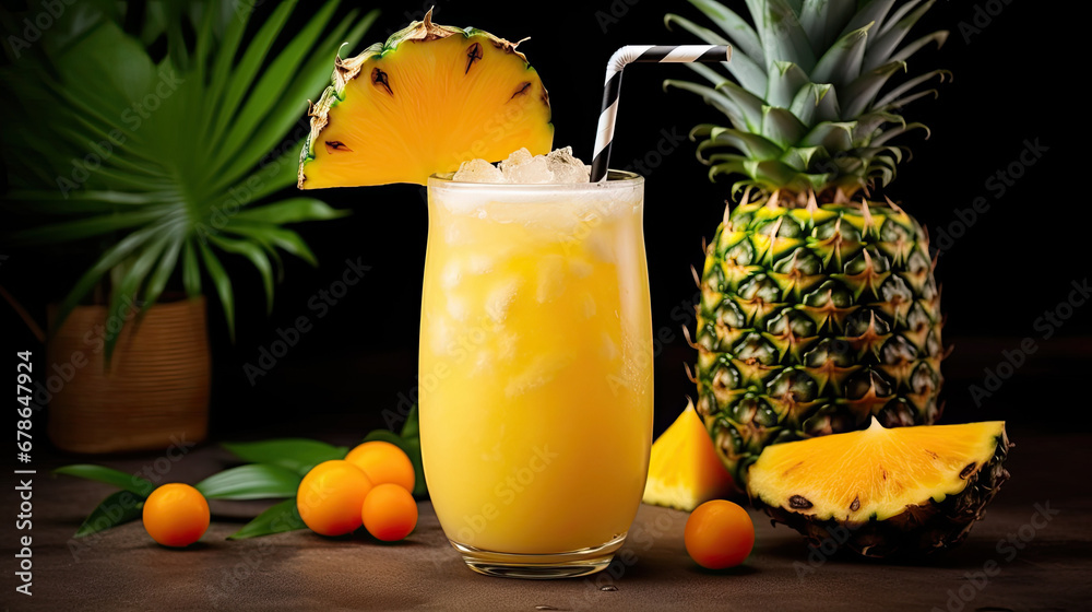 cocktail with pineapple,Cocktail made with vodka, mango, pineapple juice, and alcohol. Long drink or icy mocktail during summer. exotic fruits and a dark tropical backdrop with palm foliage. cocktail with pineapple,Cocktail made with vodka, mango, pineapple juice, and alcohol. Long drink or icy mocktail during summer. exotic fruits and a dark tropical backdrop with palm foliage.