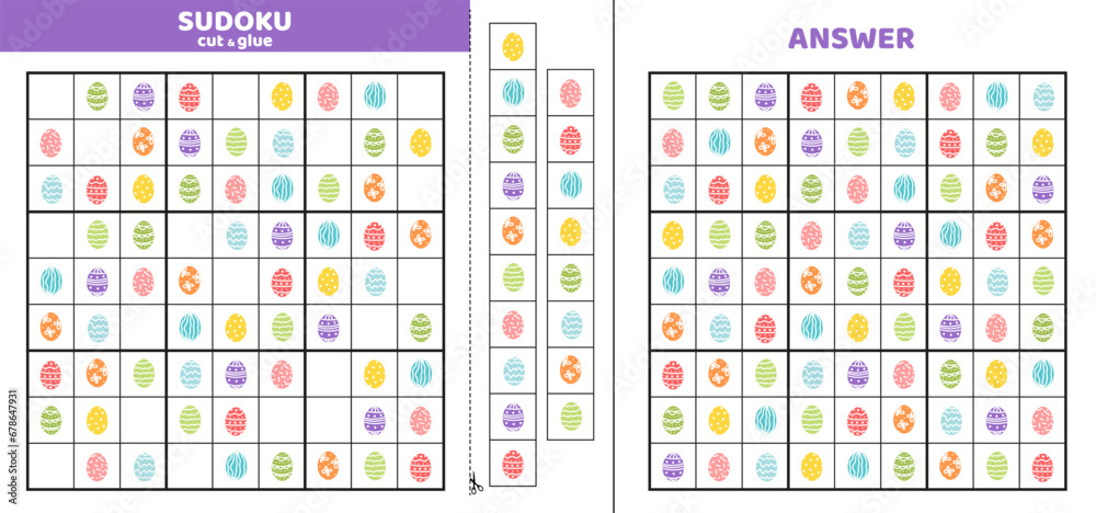Big difficult sudoku with nine colorful Easter eggs. Game puzzle for kids. Cut and glue. Cartoon