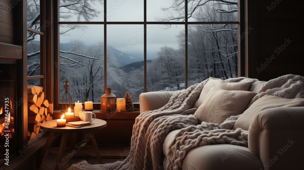 Beautiful winter landscape in the interior of the room. 