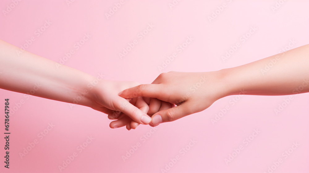 Two hands reaching each other in pink on the background