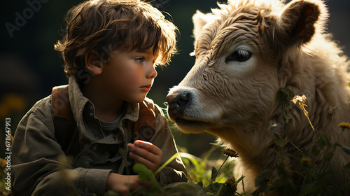 Child with a cow in the field.