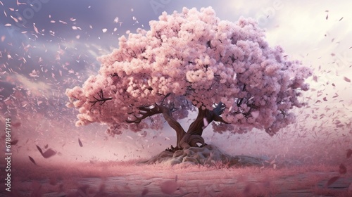 A pink cherry blossom tree in full bloom, its delicate petals falling like confetti in the spring breeze.