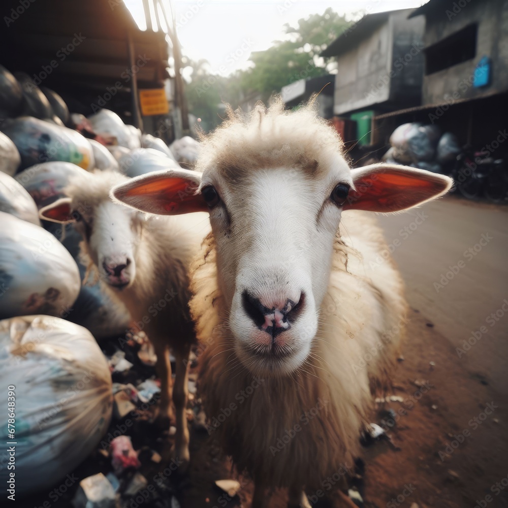 Obraz premium animals among garbage.Save animals environmental problems background image