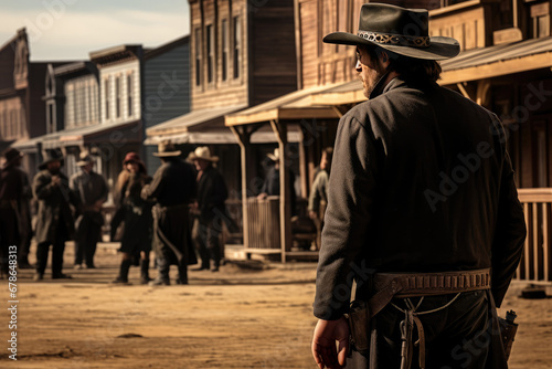 Cowboy Prepares For Duel In Wild West Town photo