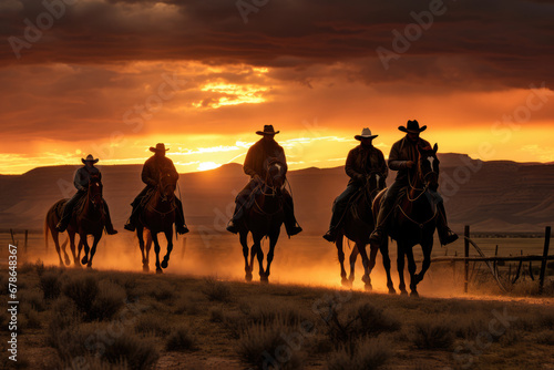 Group Of Cowboys On Horseback At Sunset. Сoncept Western Style Shoot, Cowboy Charm, Sunset Equestrians, Wild Wild West, Horseback Adventures