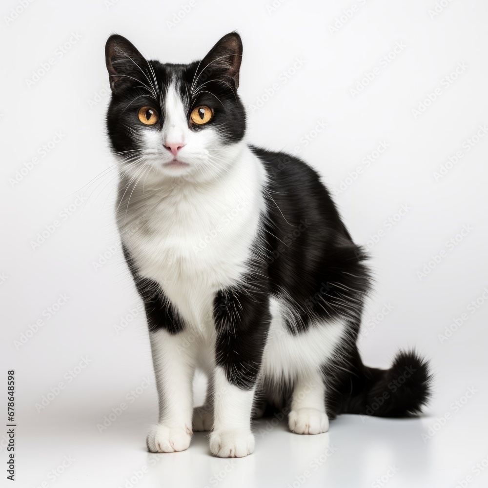 Sitting balck and white cat, isolated on white background, AI generated