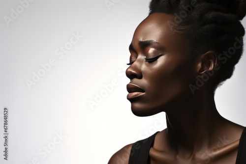African Woman Experiencing Stomach Pain On Plain Background. Сoncept Stomach Pain, African Woman, Plain Background, Discomfort, Health Issue