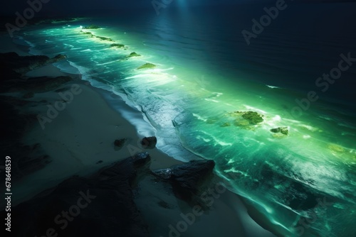 Aerial Perspective Of Beach At Night, Illuminated By The Mesmerizing Glow Of Bioluminescent Planktonmagical And Mystical Natural Light Phenomenon Aurora Borealis