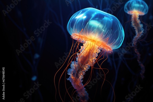 Abstract Representation Of Vibrant Bioluminescent Jellyfish In Dark Blue Water © Anastasiia