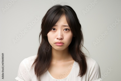 Asian Woman Experiencing Stomach Pain On Plain Background