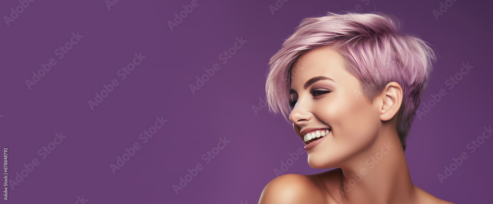 Portrait of a beautiful, sexy Caucasian woman with perfect skin and white short hair, on a purple background. Portrait of a beautiful, sexy Caucasian woman with perfect skin and white short hair, on a purple background.
