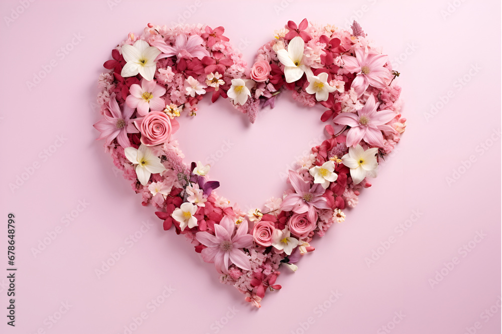 Heart frame from beautiful different flowers on pink background. Valentine's day concept. Copy space for text. Generate Ai.