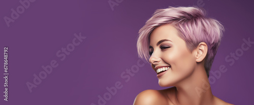 Portrait of a beautiful, sexy Caucasian woman with perfect skin and white short hair, on a purple background.