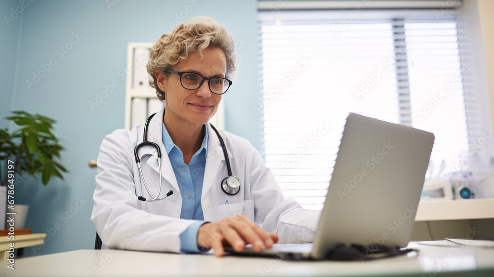 Doctor in medical clinic at desk using laptop for research Doctor in medical clinic at desk using laptop for research