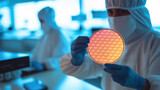 Lab technician holds semiconductor  silicone wafer in hands inside semiconductor fabrication plant