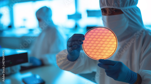 Lab technician holds semiconductor  silicone wafer in hands inside semiconductor fabrication plant photo