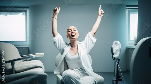 Female cancer patient celebrating after finding out she is cancer free photo