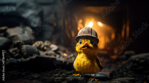 Terrified canary bird wearing miner's hard hat in standing in mine shaft, canary in the coal mine idiom concept photo