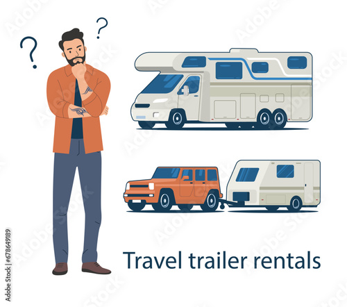 The man chooses the type of camper. Concept illustration of a campervan rental service. Vector illustration.