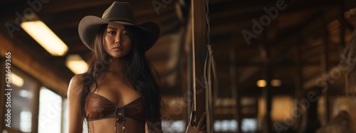 A Beautiful Badass Asian Cowgirl wearing Lingerwear - Amazing Cowgirl Background - Clothes are in the Raw, Tough and Grunge Style - Asian Cowgirl Wallpaper created with Generative AI Technology © Sentoriak