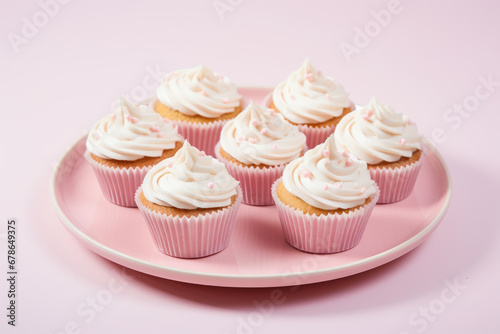 Pink pastel cupcake or muffin with white whipped cream and sprinkles on pastel background. Sweet food, Valentines day romantic dessert.
