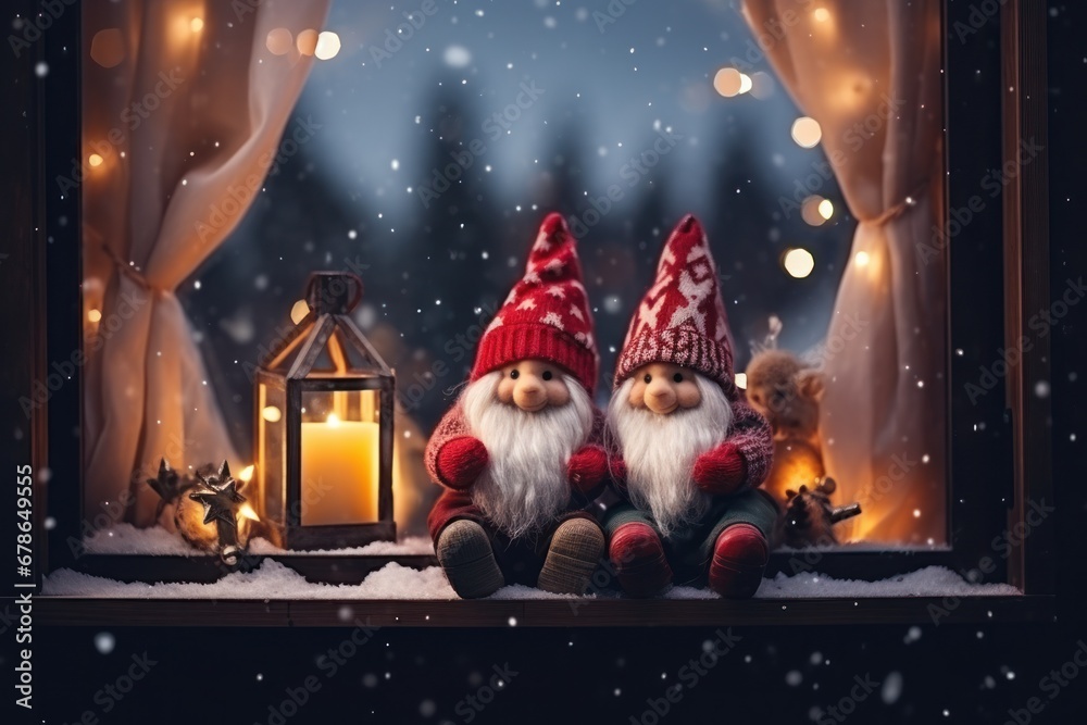 Christmas gnomes on windowsill . Scandinavian gnomes. New year greeting character Christmas gnomes on windowsill . Scandinavian gnomes. New year greeting character