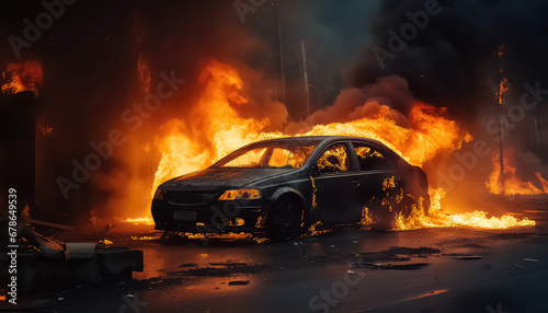 Burning car on the streets of the city