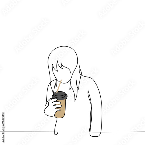 woman leaning over drinks a drink from a straw from a plastic cup - one line art vector. concept caffeine addiction, teenager secretly drinking coffee