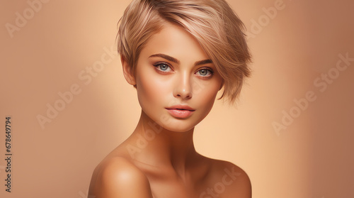 Portrait of a beautiful, sexy Caucasian woman with perfect skin and white short hair, on a creamy beige background.