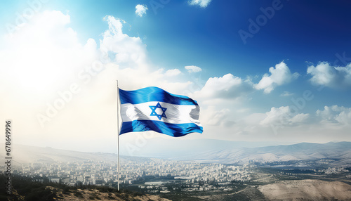 Flying Israeli flag close-up on street background