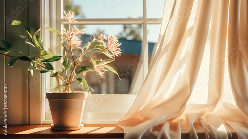 White curtain with a window and sunlight.