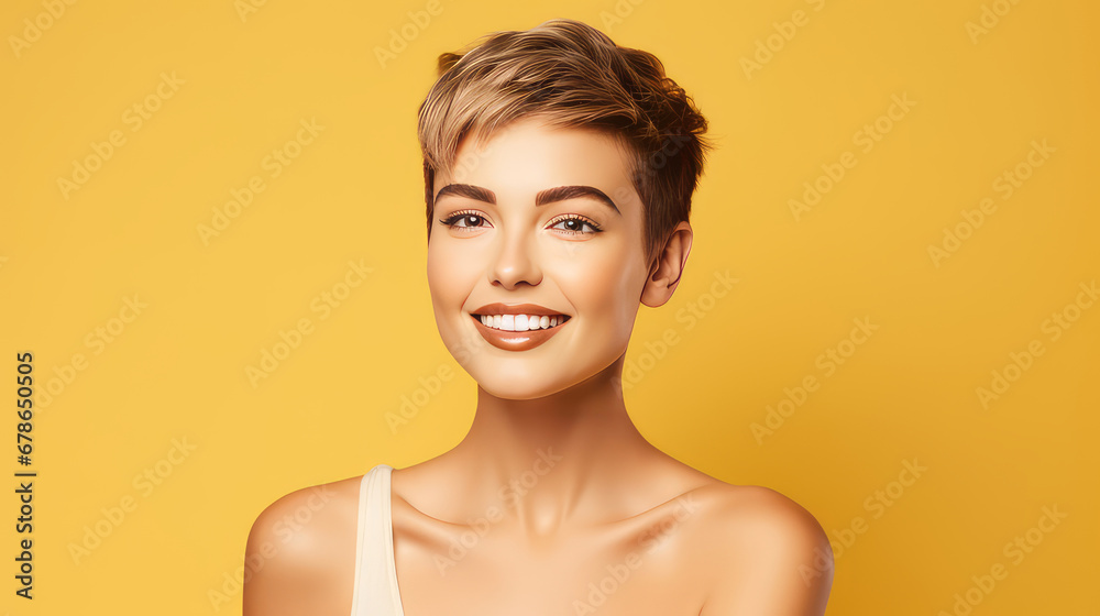 Portrait of a beautiful, sexy smiling Caucasian woman with perfect skin and short hair, on a yellow background. Portrait of a beautiful, sexy smiling Caucasian woman with perfect skin and short hair, on a yellow background.