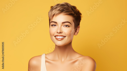 Portrait of a beautiful, sexy smiling Caucasian woman with perfect skin and short hair, on a yellow background.