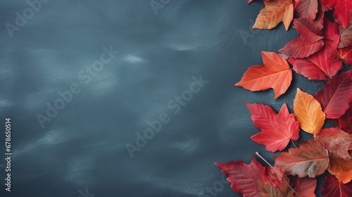 Top view of a winter background with a blue slate background adorned with colored red leaves, featuring copy space