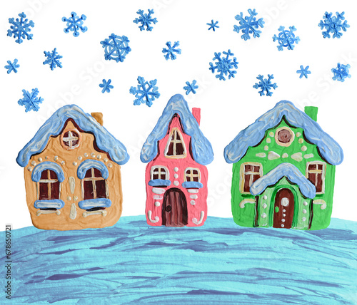 Gingerbread Christmas creamy house or dollhouse sweet pastry cookie hut on winter scene. Hand painting acrylic, oil paints or gouache art. Funny cartoon doodle artistic kids style. Brush strokes snow