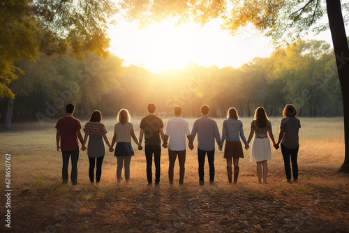 Large group of young friends standing and holding hands in summer park at sunset.