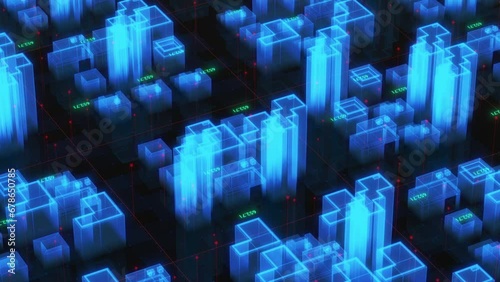  digital city urban architecture, cityscape with neon light  wireframe effect, science futuristic technology concept. abstract tech hologram background