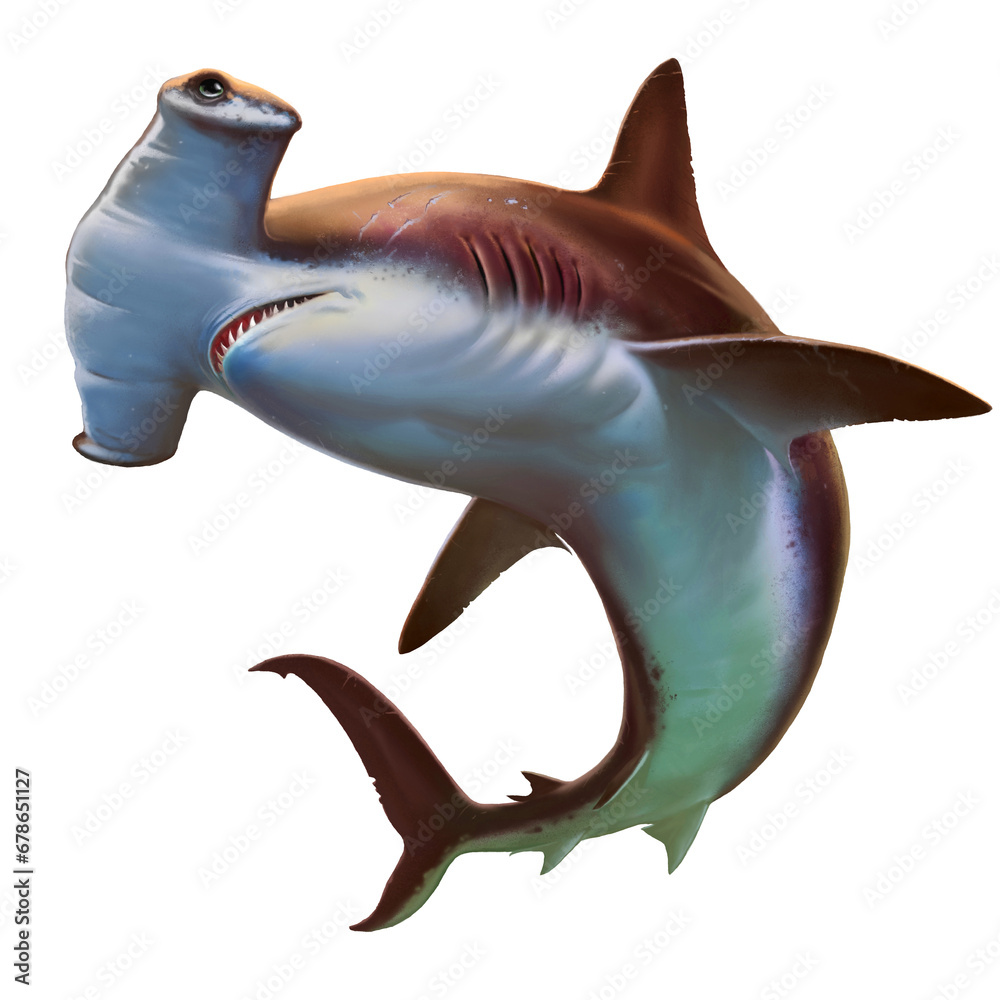 Naklejka premium Hammerhead shark jumping out of the water. Realistic isolated illustration brown color.
