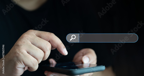 Man holding smartphone or mobile phone for searching data information networking. Searching information data on internet networking concept. Search console website