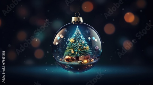 Christmas creative ball with Xmas tree inside on dark black background. Greeting card with copy space. Xmas magic holiday.