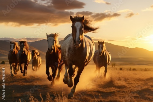 Horses Running In Front Of Sunsetlit Hills