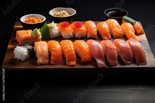 Japanese Sushi And Sashimi On Wooden Tray
