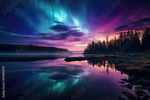Lake Landscape With Vibrant Blue And Violet Colors Northern Lights. Сoncept Beach Sunset, City Skylines, Mountain Adventures, Flower Gardens, Urban Street Art