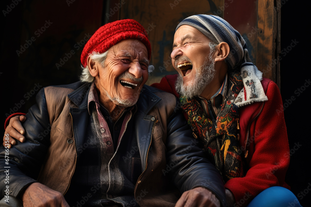 Portrait of two elderly men sitting and laughing together. Friendship and senior concept.