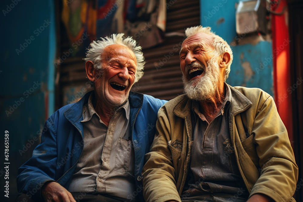 Portrait of two elderly men sitting and laughing together. - obrazy, fototapety, plakaty 