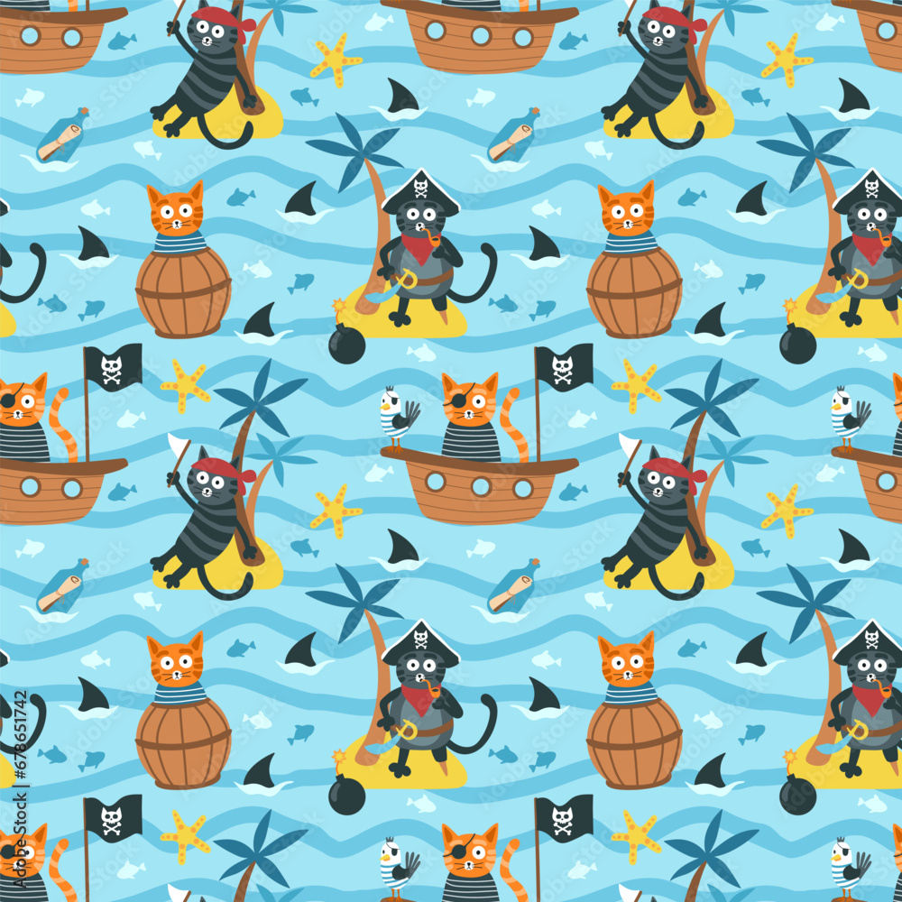Cats are pirates. Funny cats in the sea. Seamless pattern. Vector illustration