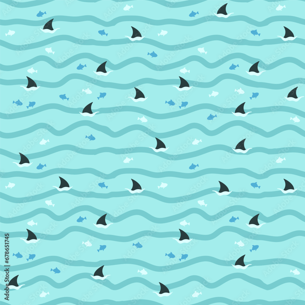 Waves in the sea and sharks. Seamless pattern. Children's print. Vector illustration Waves in the sea and sharks. Seamless pattern. Children's print. Vector illustration