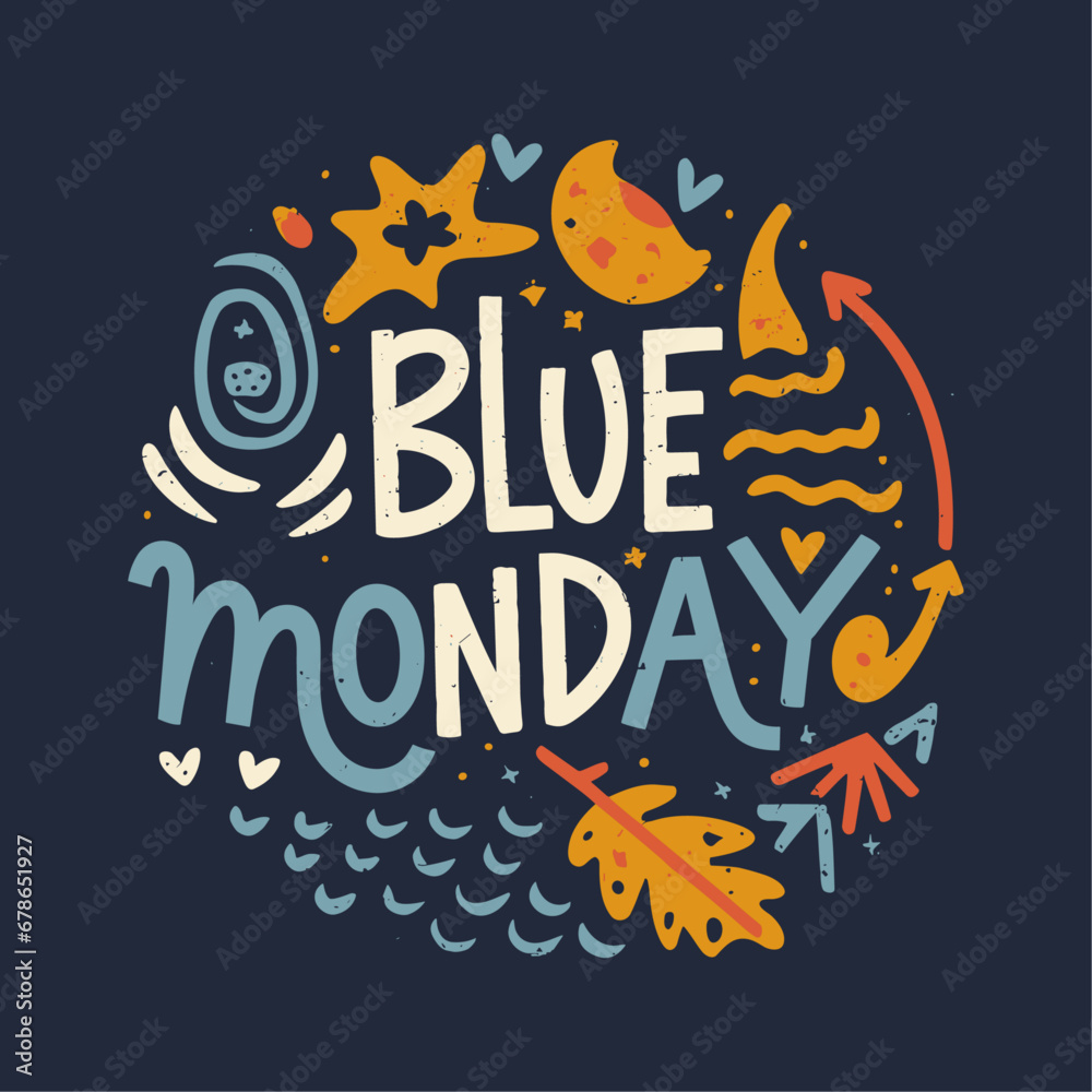 Blue Monday Typography and elements design for T shirt, poster, and print