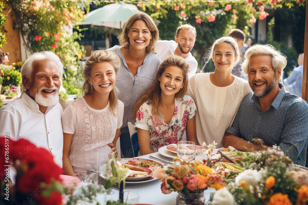 Multi-generation family on outdoor summer garden party, having lunch and celebrating birthday. - obrazy, fototapety, plakaty 