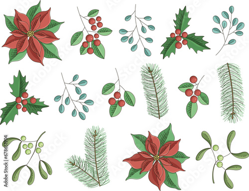 Vector set of holidays graphic elements. Merry Christmas floral design for invitation and greeting card, prints and posters.  Hand drawn winter plants